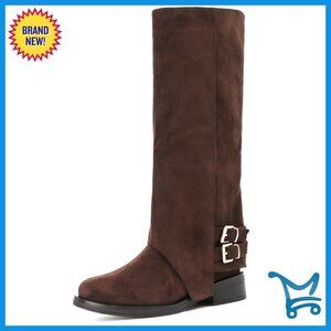 Faux Suede Knee High Boots Fold Over Design Flat Heel Zip Closure